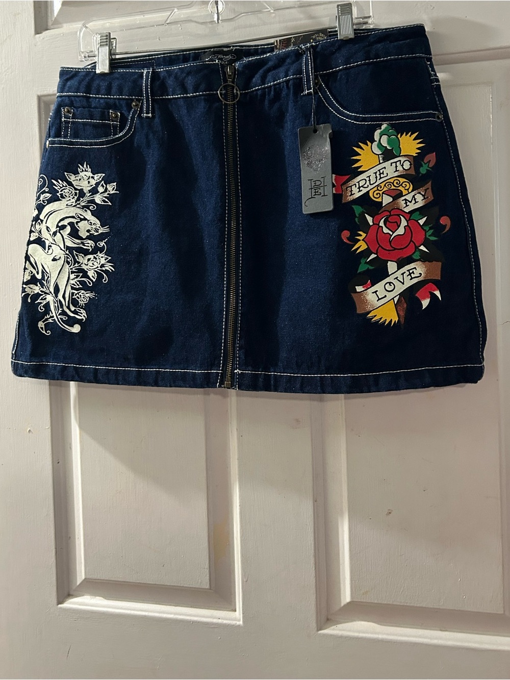 Ed Hardy Navy Denim Mini Skirt with Tattoo Rose Motif